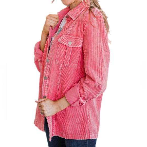 Pink Buttoned Flap Pocket Corduroy Jacket - Picture 2 of 9